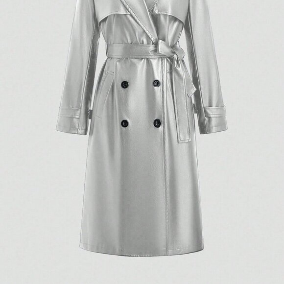 Silver Elegant Women's Long Sleeve Double-Breasted Trench Coat - Picture 4 of 11